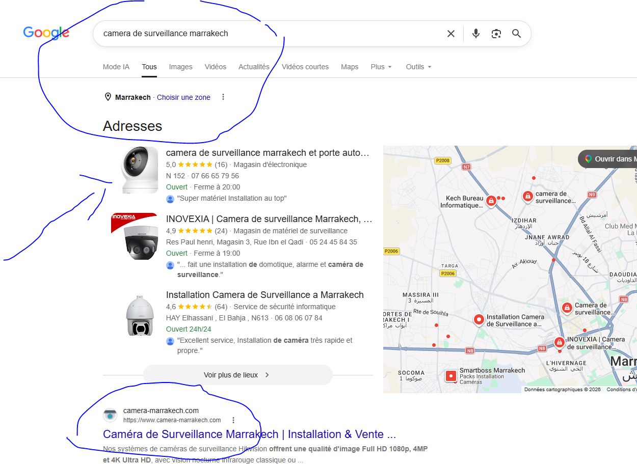 Preuve Position 1 Google pour camera de surveillance marrakech