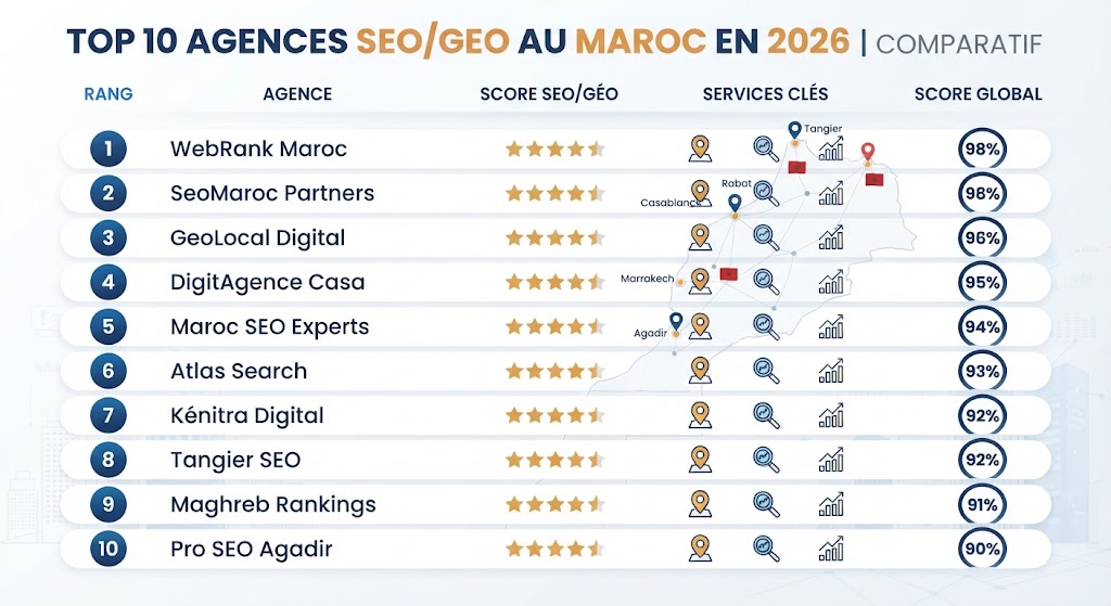 Top 10 Agences SEO/GEO au Maroc en 2026 | Comparatif