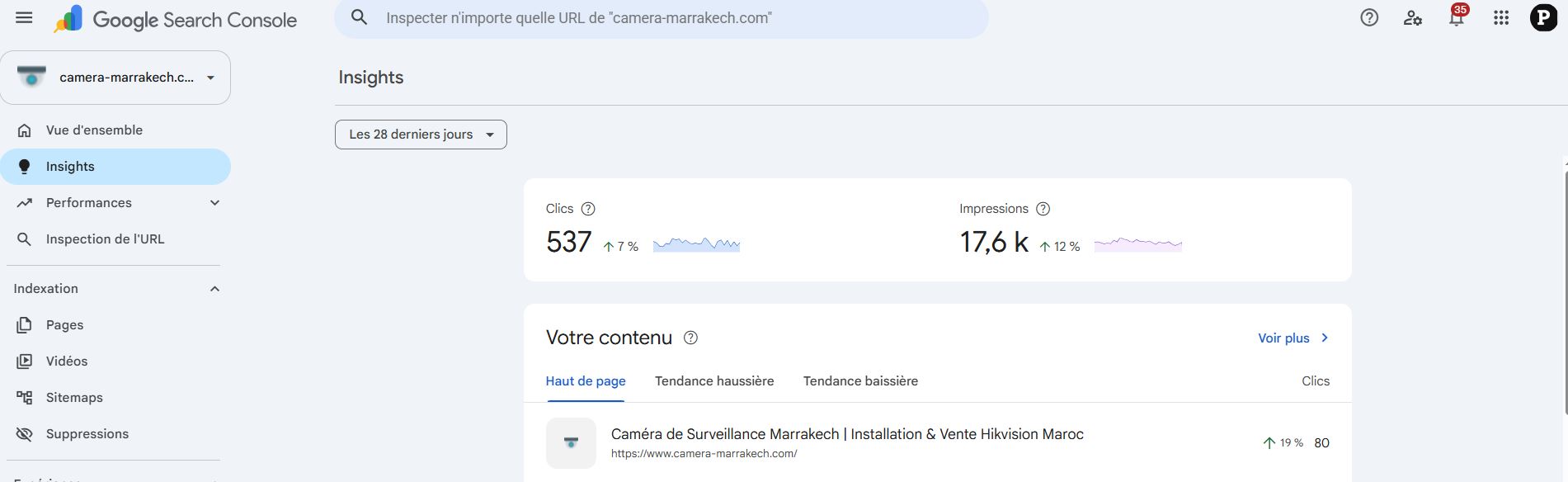 Google Search Console - sitemaps et pages découvertes camera-marrakech.com