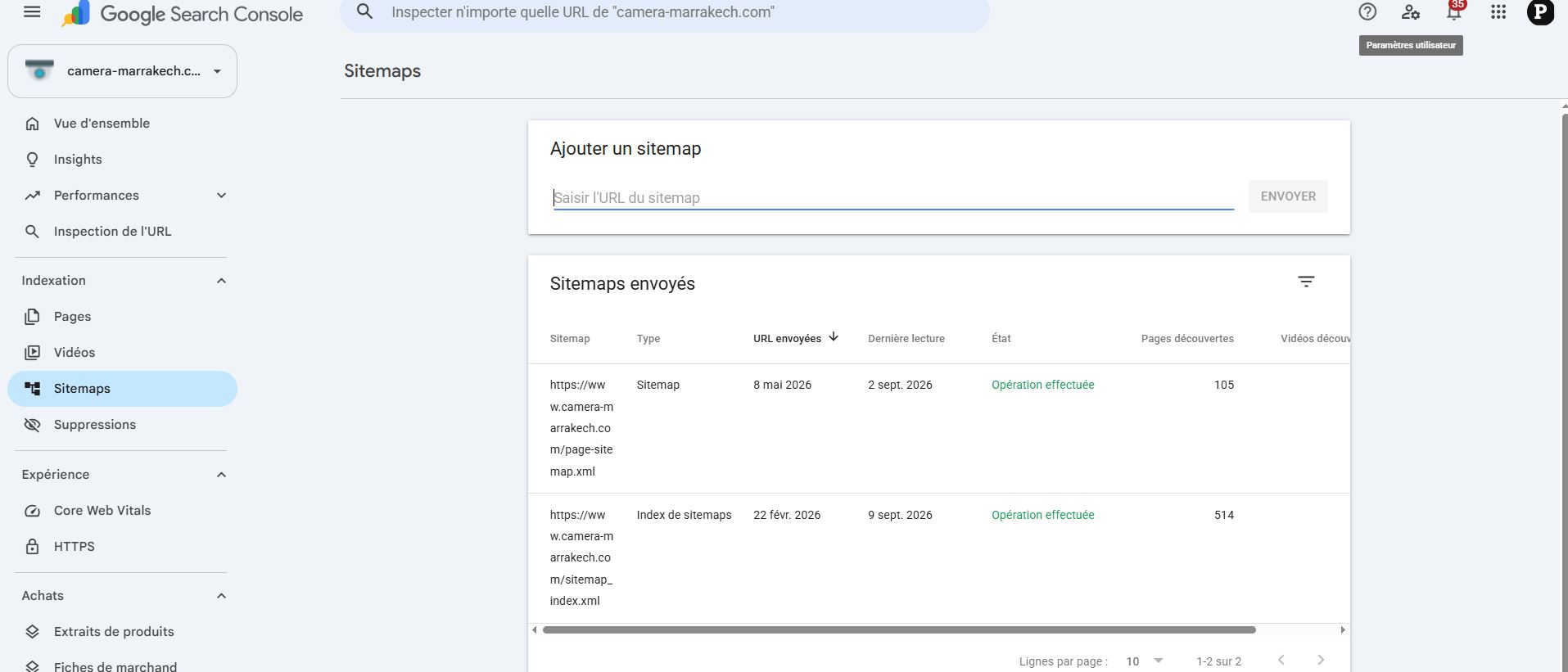 Google Search Console - vue d'ensemble des performances camera-marrakech.com