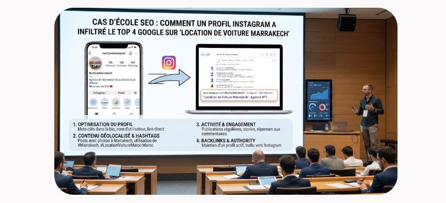 Cas SEO d'École : Comment un Profil Instagram a Infiltré le Top 4 Google sur "Location de Voiture Marrakech"