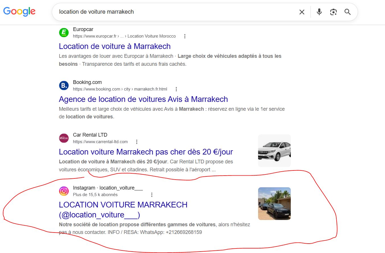 Analyse SERP Google location de voiture marrakech - profil Instagram SEOJAD